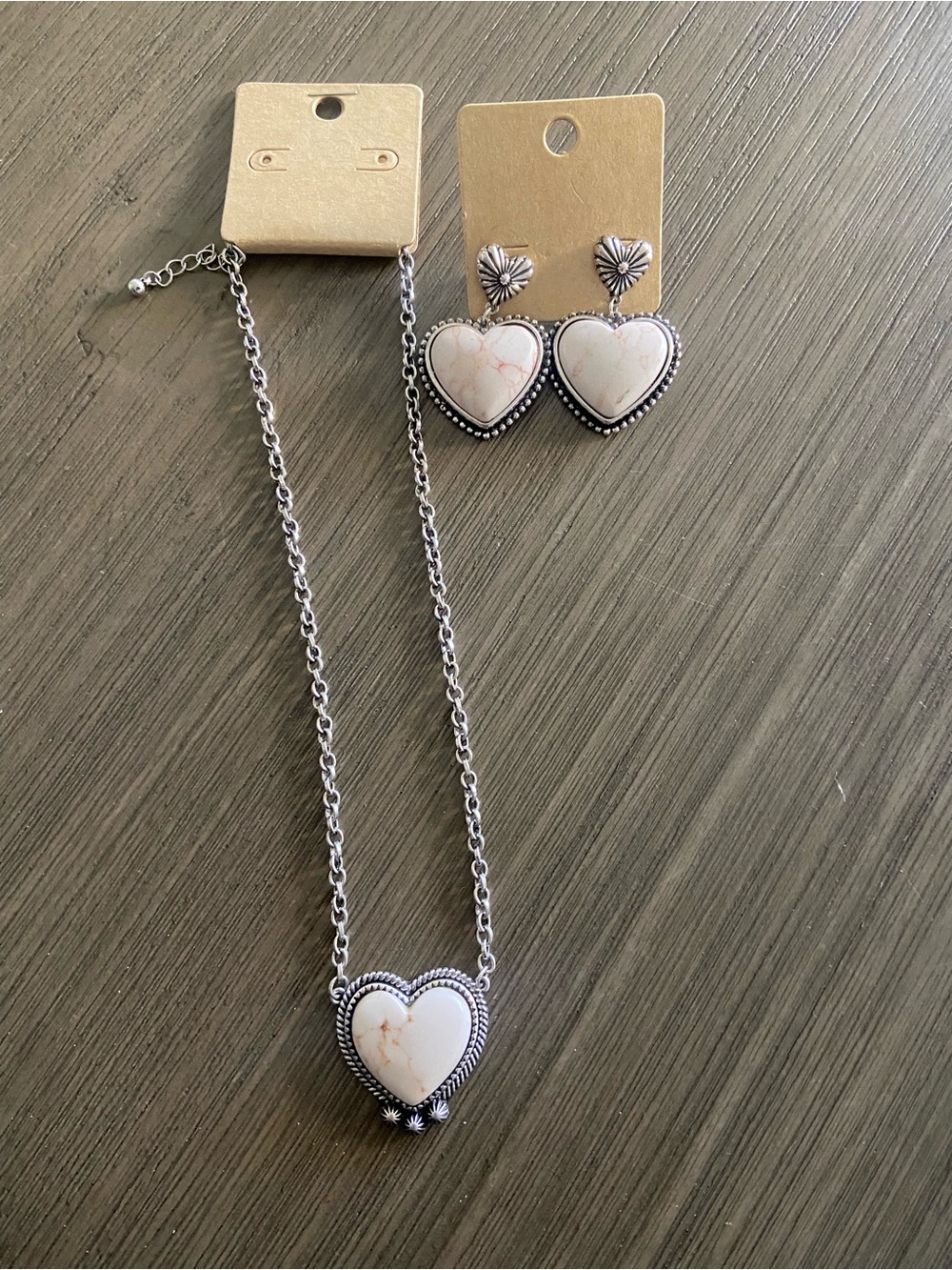 Silver Heart Pendant Necklace and Earring Set with White Stone - Picture 1 of 3
